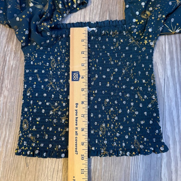 Urban Outfitters Smocked Y2K Crop Top Teal Celestial Print Puff Sleeve XS - Picture 6 of 8